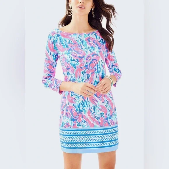 Lilly Pulitzer Blue Pink Lobster Cracked Up Cosmic Coral Marlowe Dress Large - Picture 1 of 16